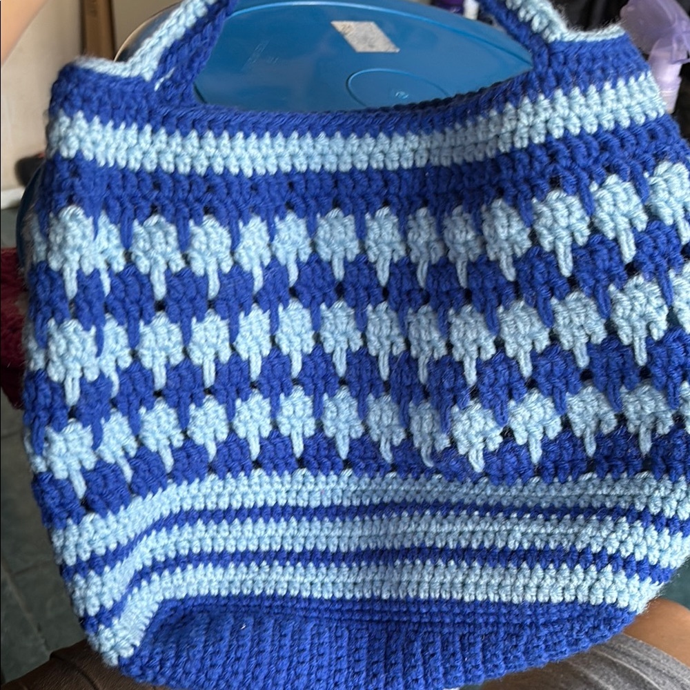 Hand Crafted Blue Crochet Tote Bag with Unique Pattern